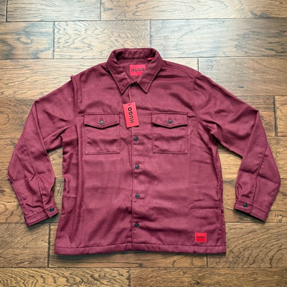 HUGO Boss Men's Size XXL Dark Red Enalu Oversized Fit Button Up Shirt Pockets - Picture 2 of 11